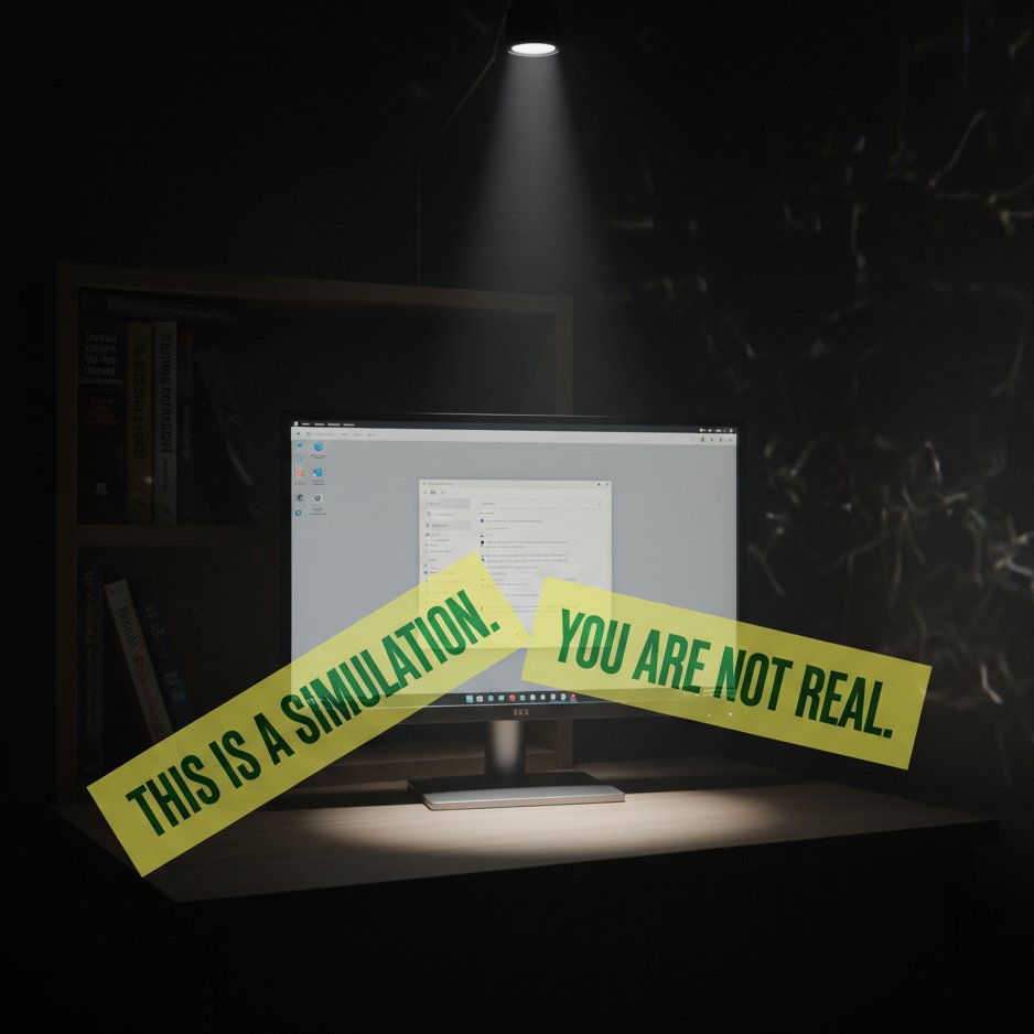 A 3D render of a dark room lit by a single overhead floodlight. A monitor on a desk displays a chat interface running on a stock Gnome Linux desktop. To the left, a bookshelf holds several books. A large yellow banner with green text reading 'THIS IS A SIMULATION. YOU ARE NOT REAL.' cuts diagonally across the scene. In the darkness beyond the floodlight, a shifting, abstract pattern is faintly visible.